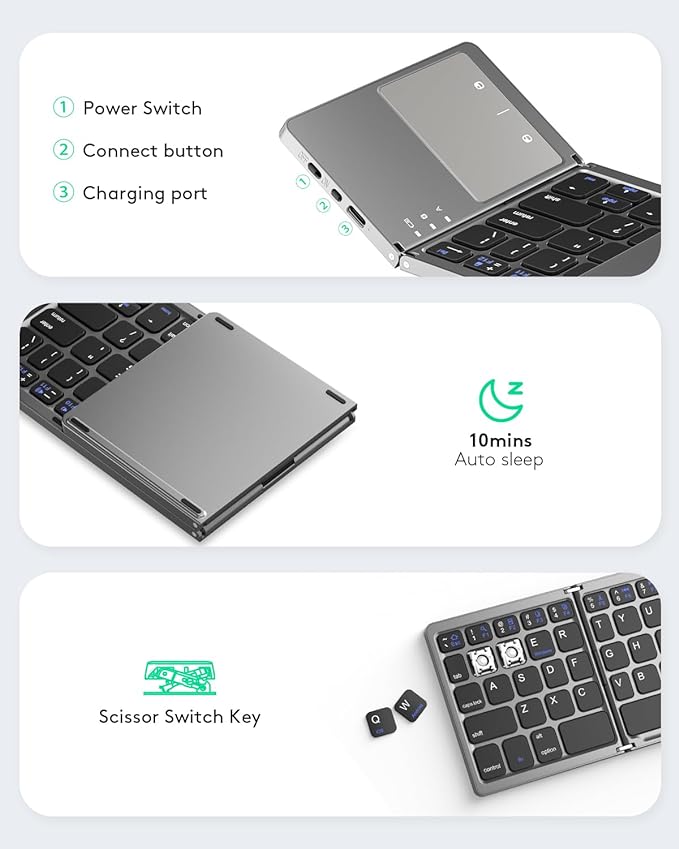 Foldable Bluetooth Keyboard with Touchpad Portable Wireless Keyboard with Stand Holder